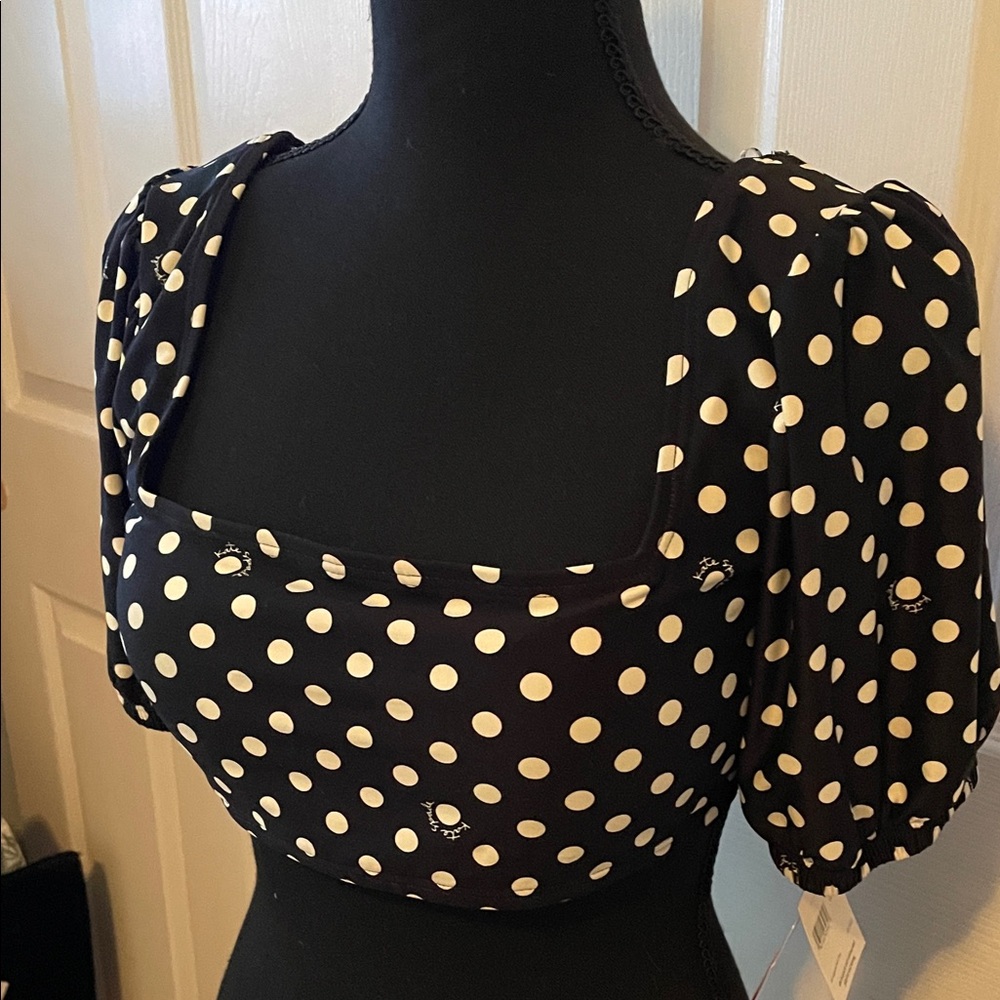 NWT Kate Spade feminine silky Black and White Polka Dot Crop Top Large - Picture 2 of 14